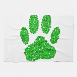 Green Foliage Dog Paw Print Kitchen Towel