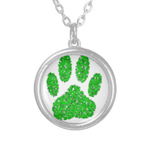 Green Foliage Dog Paw Print Silver Plated Necklace