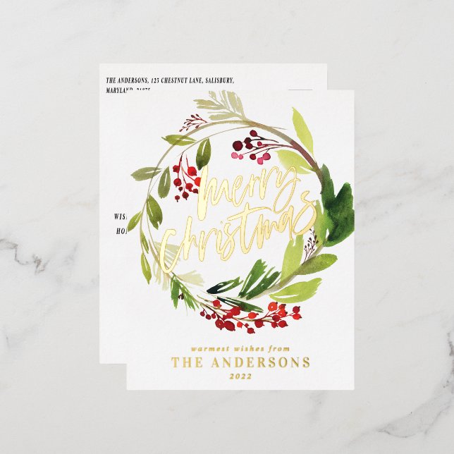 green foliage elegant non photo foil holiday postcard (Front/Back)