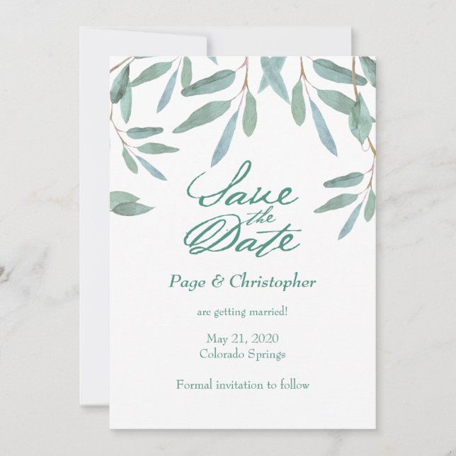 Green Foliage Eucalyptus Leaves Save the Date (Front)