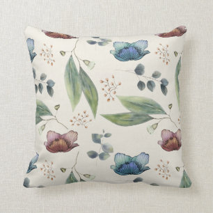 Green foliage eucalyptus red blue flowers throw pillow