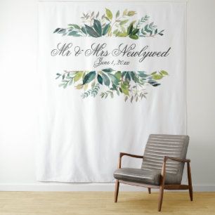 Green Foliage Frame Wedding Photo Backdrop Tapestry