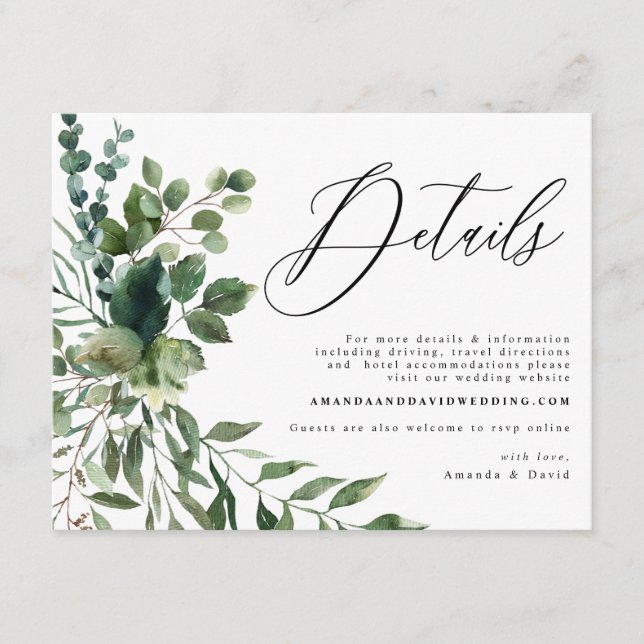Green Foliage Garden Boho Mariage Détails Carte (Devant)