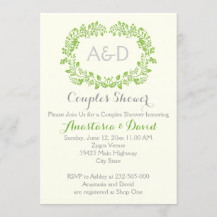 Green foliage initials wedding couples shower invitation