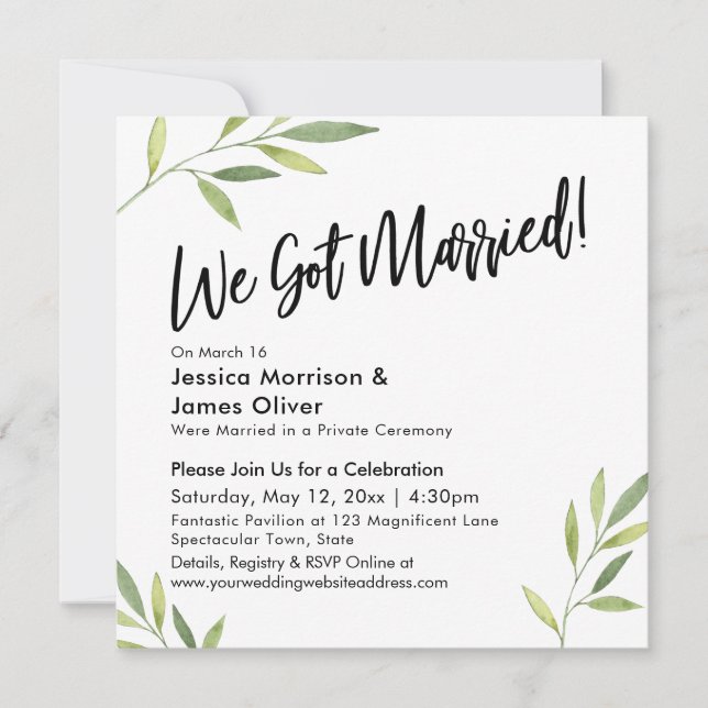 Green Foliage Modern Handwriting We Got Married! Invitation (Front)