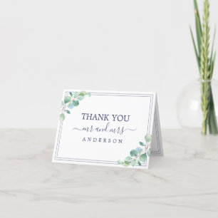 Green Foliage Navy Blue Border Wedding Photo Thank You Card