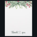 Green Foliage Pine Red Berry Thank You Letterhead<br><div class="desc">Winter Greenery Thank You card. This design features an illustration of pine branchlets and greenery foliage with red berries on white background. Text "Thank You" is written in a calligraphy style. Personalize with you own text.</div>