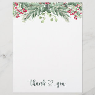 Green Foliage Pine Red Berry Thank You Letterhead