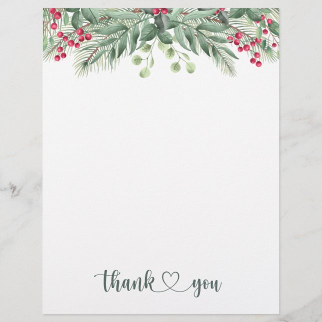Green Foliage Pine Red Berry Thank You Letterhead (Front)