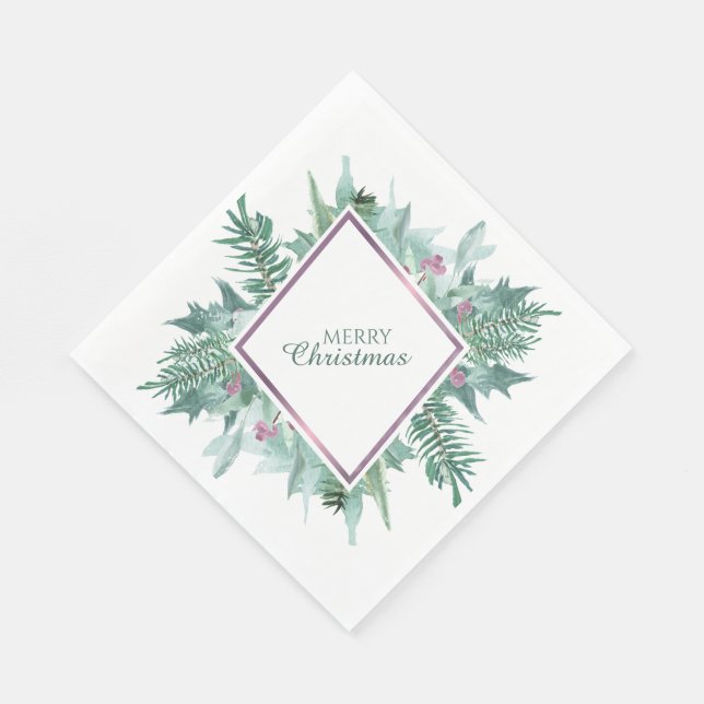 Green Foliage Pink Berry Violet Frame Christmas Napkin (Corner)