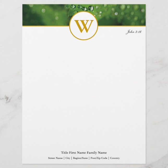 Green Foliage Raindrops JOHN 3:16 Letterhead (Front)