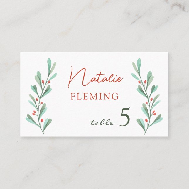 Green Foliage Red Berry Christmas Place Card (Front)