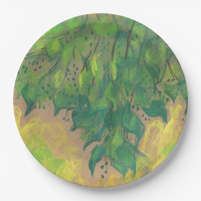 Green foliage, soft pastel life sketch tree branch paper plate (Front)