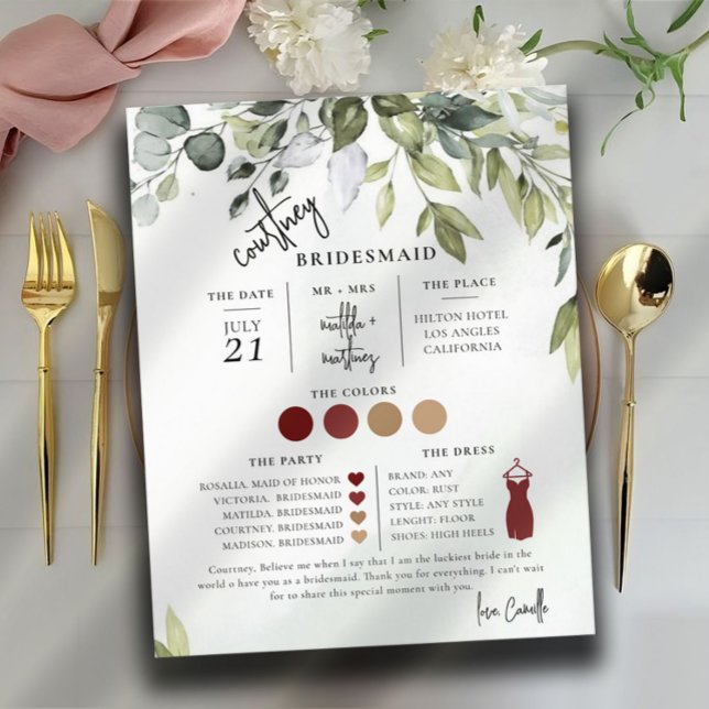 Green Foliage Text Script Bridesmaid info Card (Creator Uploaded)