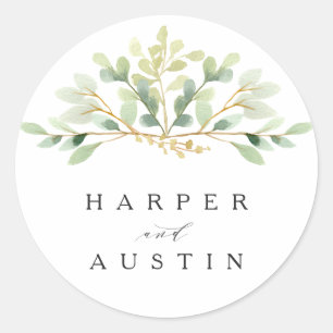 Green Foliage Watercolor Botanical Wedding Classic Round Sticker