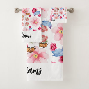 Green Foliage Watercolor Flowers  Bath Towel Set
