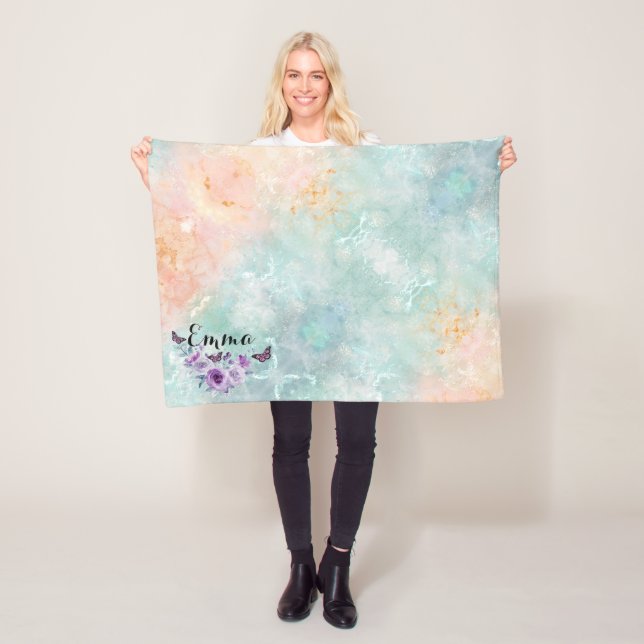 Green Foliage Watercolor Flowers  Fleece Blanket (In Situ)