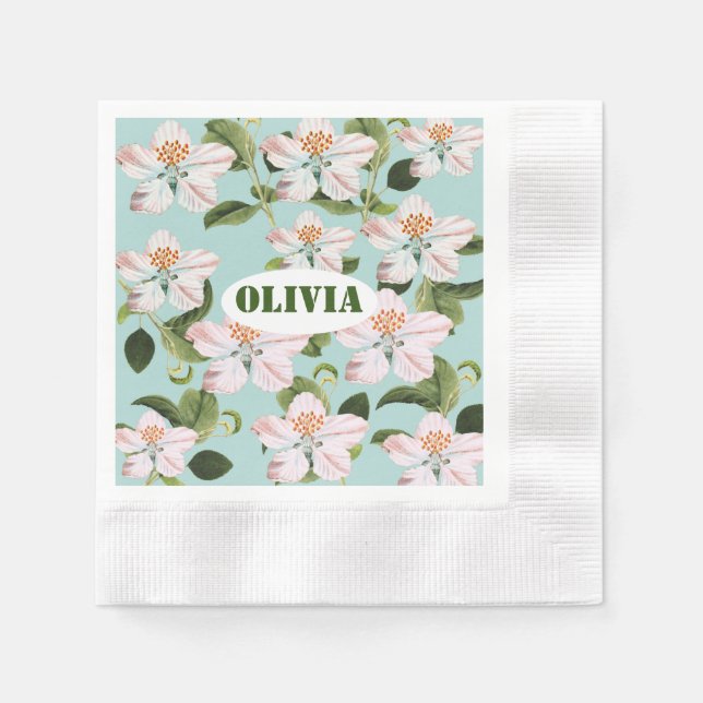 Green Foliage Watercolor Flowers  Napkin (Front)