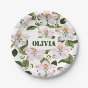 Green Foliage Watercolor Flowers Paper Plate