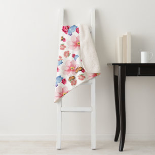 Green Foliage Watercolor Flowers Sherpa Blanket