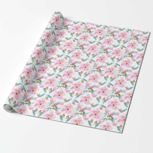 Green Foliage Watercolor Flowers  Wrapping Paper (Unrolled)