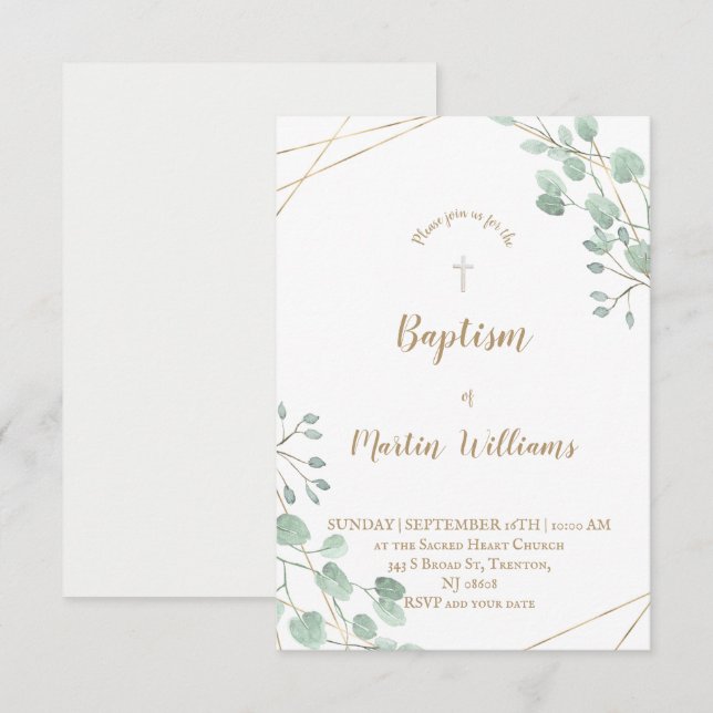 green foliage watercolor gold frame • Baptism Invitation (Front/Back)