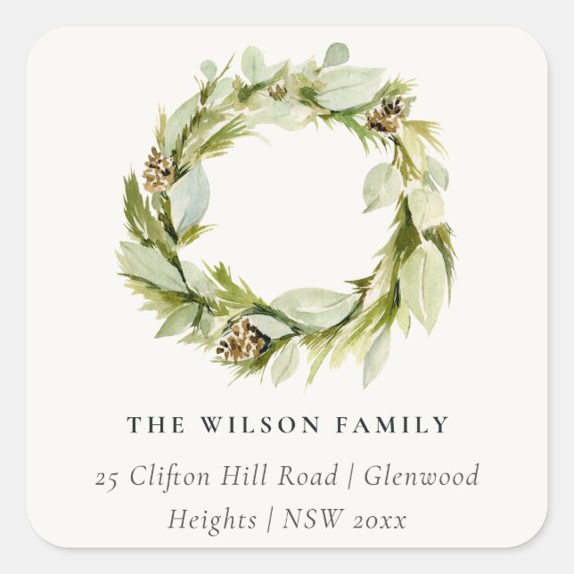 Green Foliage Winter Wreath Christmas Address Square Sticker (Front)