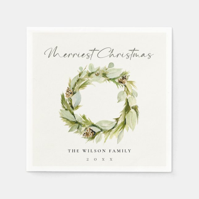 Green Foliage Winter Wreath Merriest Christmas  Napkin (Front)