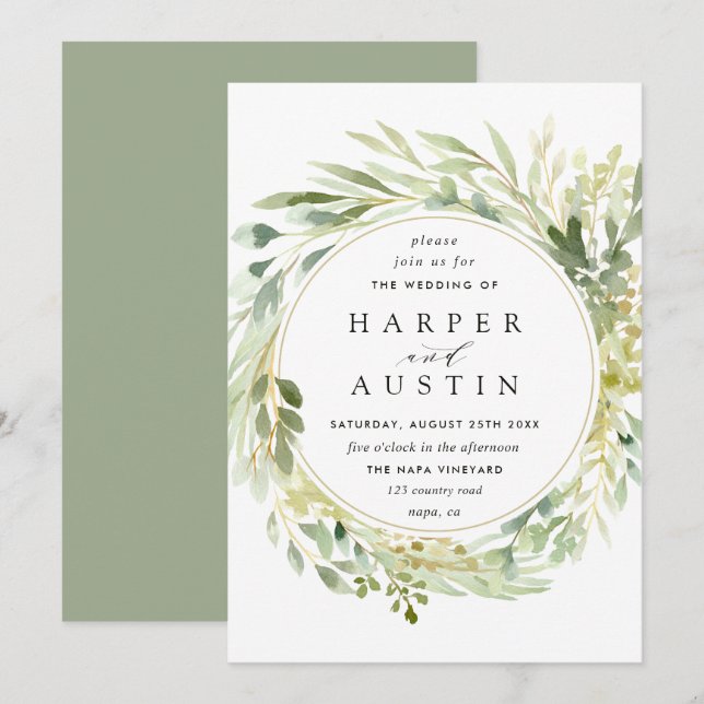 Green Foliage Wreath Botanical Wedding Invitation (Front/Back)
