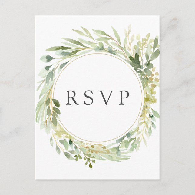 Green Foliage Wreath Botanical Wedding RSVP Invitation Postcard (Front)
