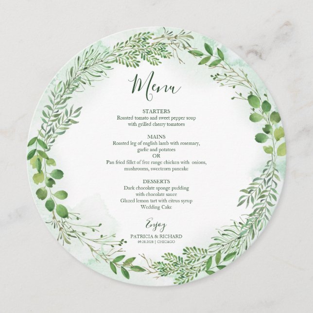 Green Foliage Wreath Greenery Menu Mariage Round M (Devant)