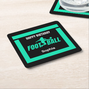 Green Football Player Girl, Birthday Girl Team  Square Paper Coaster