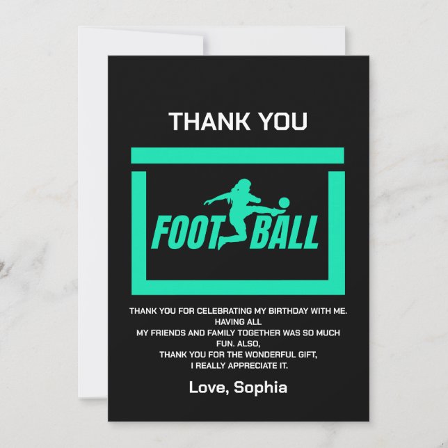Green Football Player Girl, Birthday Girl Team  Thank You Card (Front)