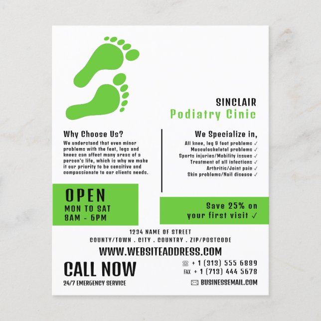 Green Footprints, Podiatry Clinic, Podiatrist Flyer (Front)