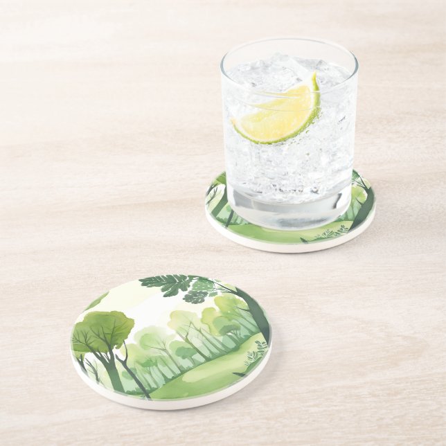 Green Forest | Airy Watercolor Landscape Coaster (Side)