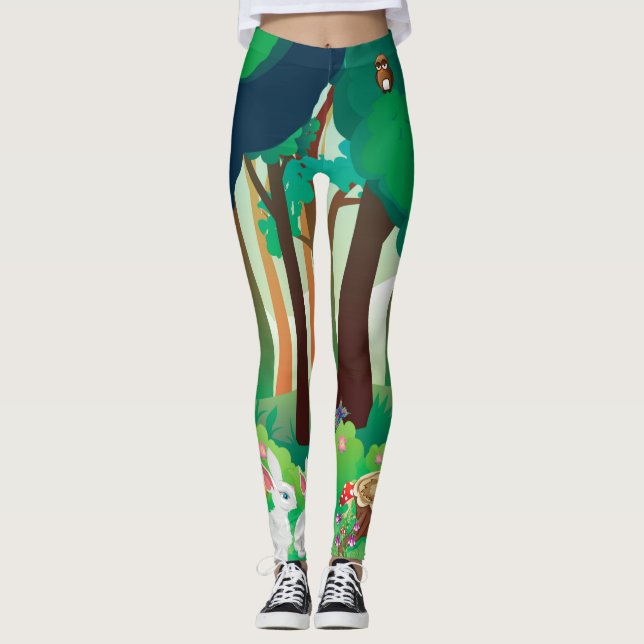 Green forest and cute animals leggings (Front)