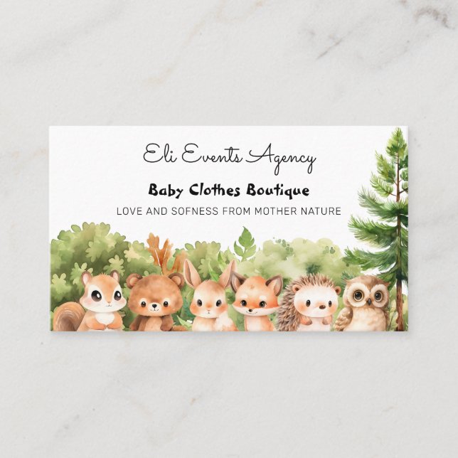 Green Forest Animals Cute Baby Clothes Boutique Business Card (Front)