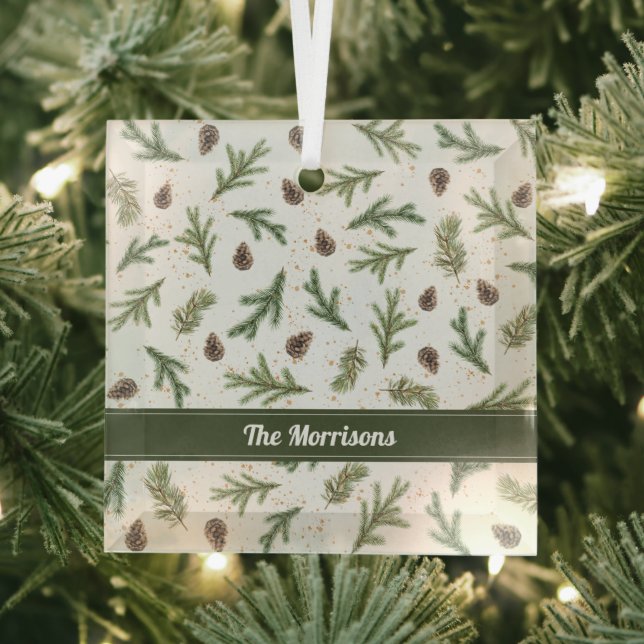 Green Forest Branches with Pinecones Glass Ornament (Insitu)