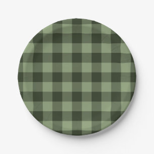 Green Forest Chequered Squares Plaid Party Paper Plate