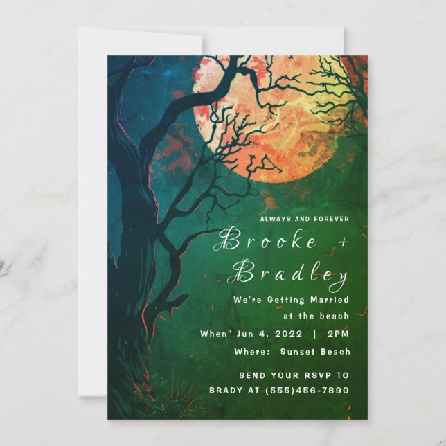Green Forest & Fire‑Moon Gothic Wedding Invitation (Front)