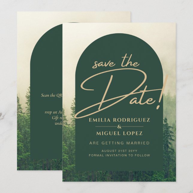 Green Forest mountain Pine Trees Wedding SAVE DATE Invitation (Front/Back)