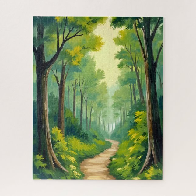 Green Forest Path | Lush Nature Watercolor Jigsaw Puzzle (Vertical)