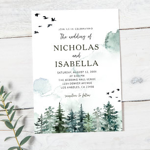 Green Forest Pine Tree Watercolor Rustic Wedding Invitation