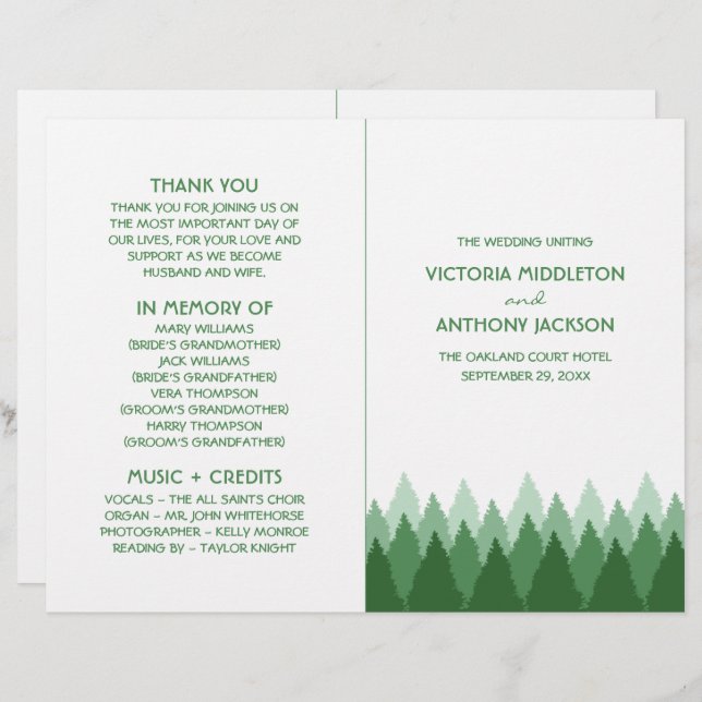 Green Forest Range Woodland Wedding Programme (Devant / Derrière)