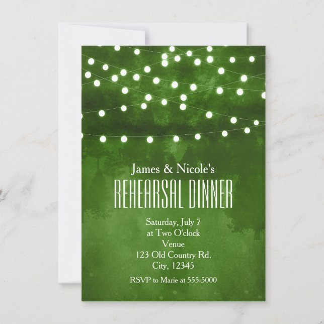 Green Forest Rustic String Lights Rehearsal Dinner Invitation (Front)