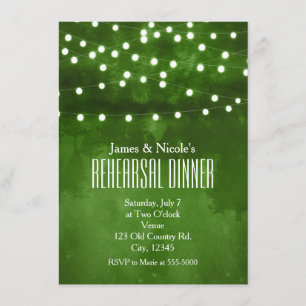 Green Forest Rustic String Lights Rehearsal Dinner Invitation