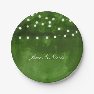 Green Forest Rustic String Lights Wedding Plates