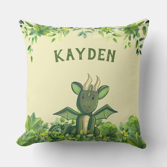 Green Forest Watercolor Baby Dragon  Throw Pillow (Front)