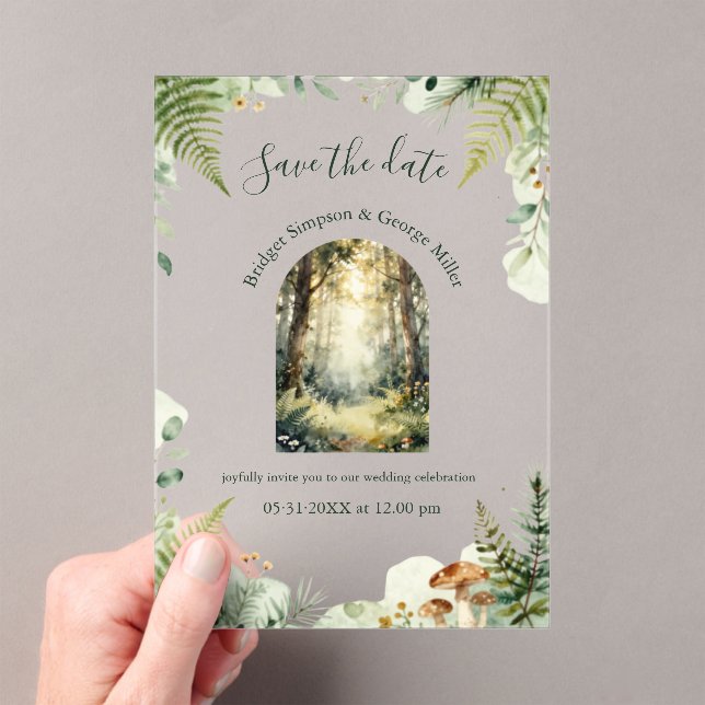 green Forest Watercolor boho Wedding Acrylic Invitations (Insitu (Handheld))