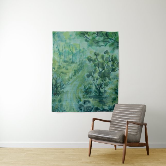 Green Forest Watercolor Wall Tapestry (In Situ)